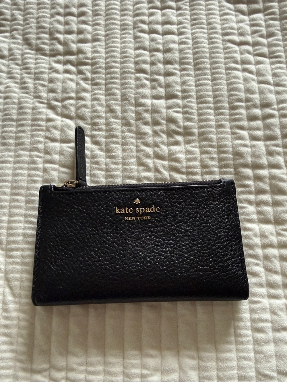 kate spade Black Pebbled Leather Zip Card Case with Gold Logo
